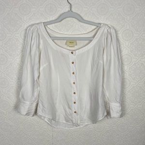 Anthropologie Maeve White Blouse Linen Buttons Puff Sleeve shirt Top 2